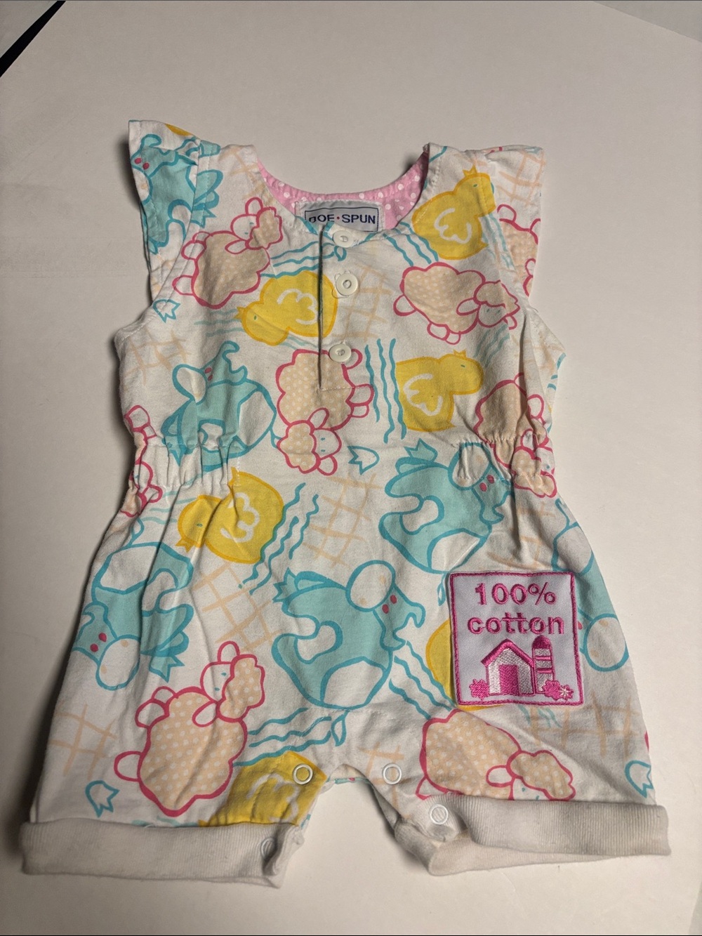 Vintage 100% Cotton Pink, Yellow & Teal Baby One-Piece Bodysuit